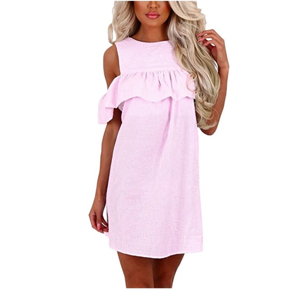 Boutique Dresses & Skirts - Pink Off Shoulder Stripped Ruffles A-Line Dress